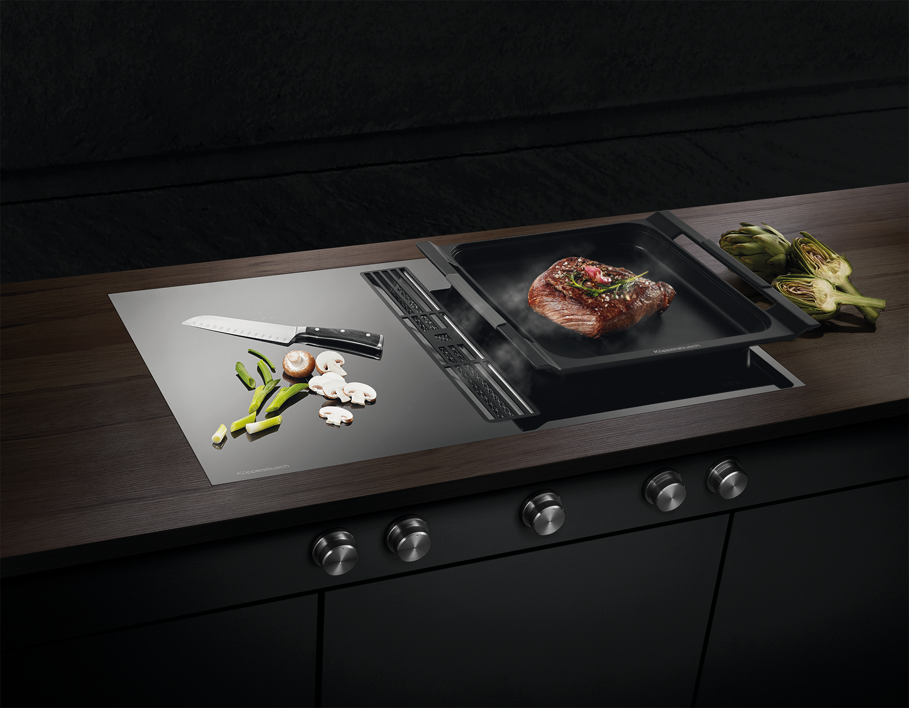 Индукционная варочная панель с вытяжкой KMI 9850.0 SR нержавеющая сталь Куперсбуш / Kuppersbusch