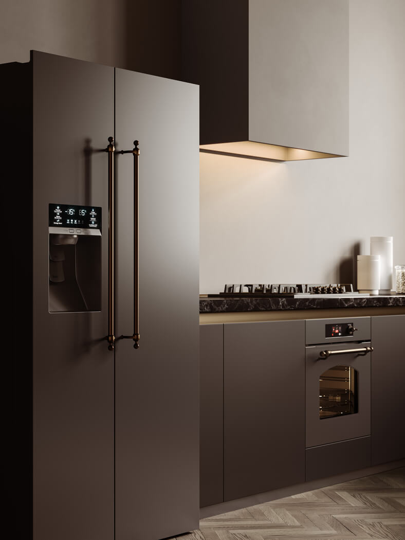 Духовой шкаф ILVE OV60SNT3/MGB в кухне с матовыми графитовыми фасадами и бронзовой фурнитурой